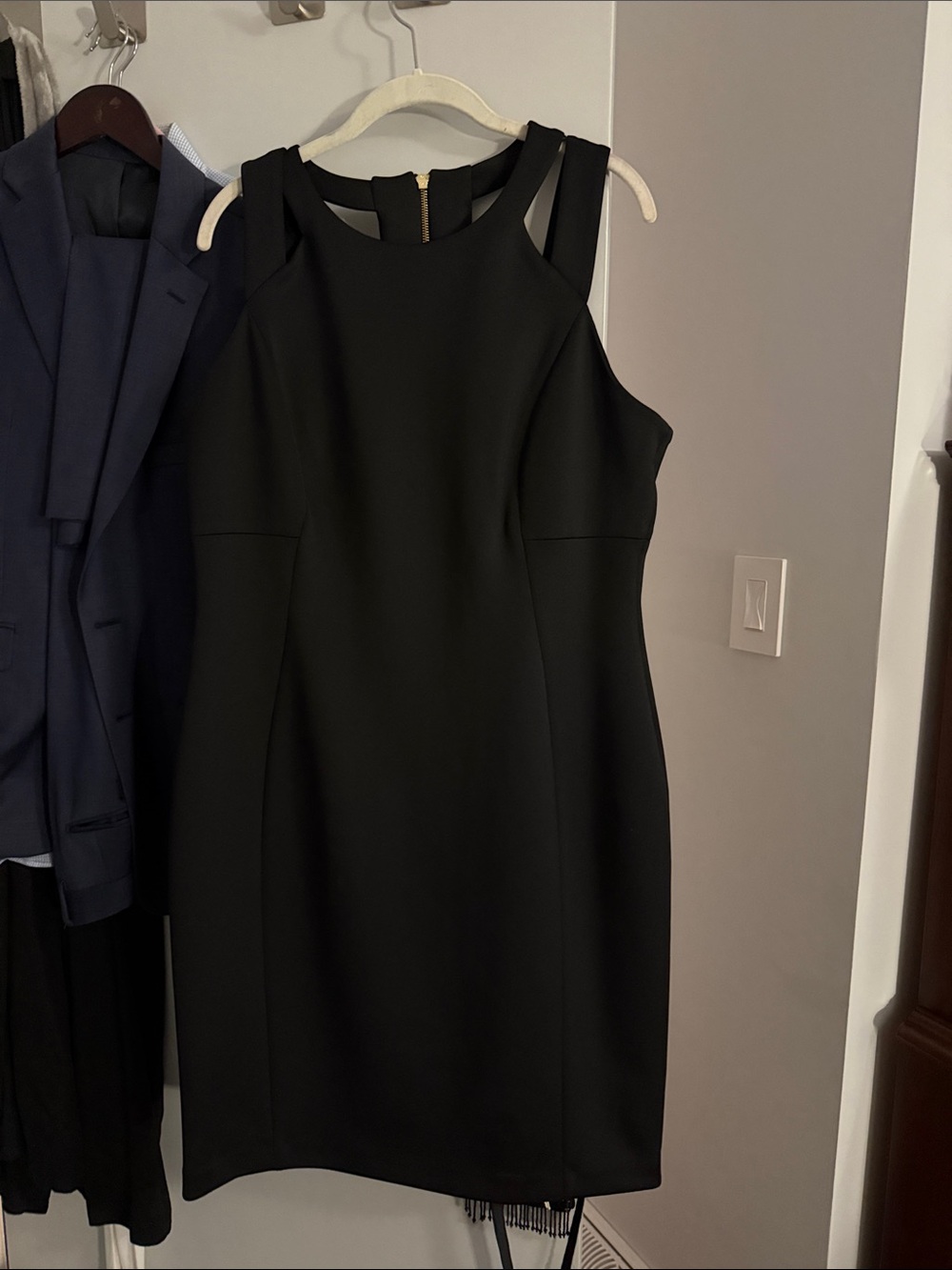 Calvin Klein Black Sleeveless Midi Sheath Dress with strap neckline